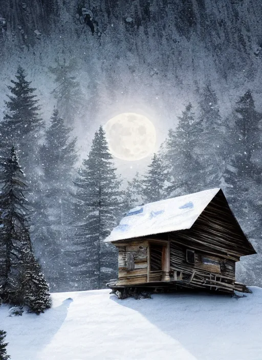 Image similar to an abandoned cabin on the top of a snowy mountain, new moon, greg rutkowski, 8 k, shallow depth of field, intricate detail, concept art,