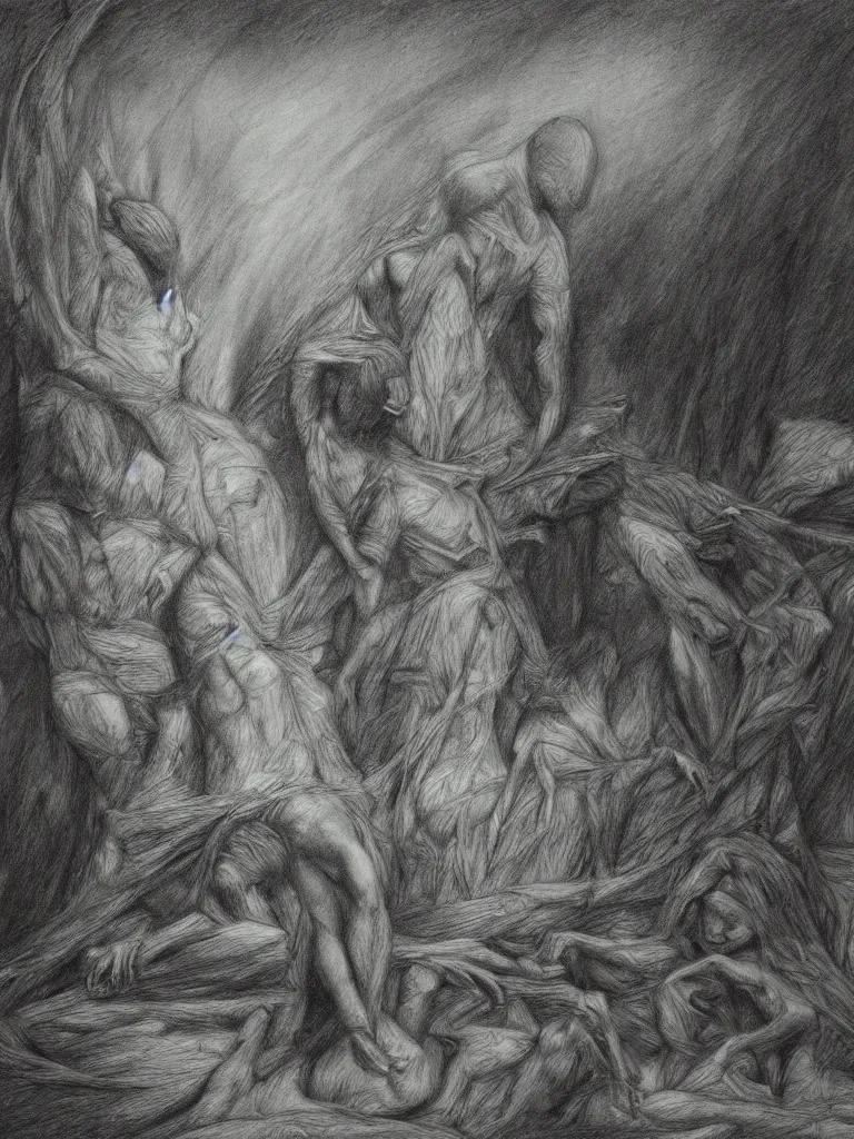 Image similar to inside my nightmares, charcoal detailed drawing, Greg Rutkoski style, Gustave Dore style,