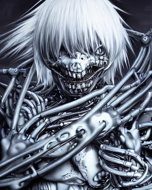 Image similar to ken kaneki by yoshitaka amano, by hr giger, biomechanical, 4 k, hyper detailed, hyperrealism, anime