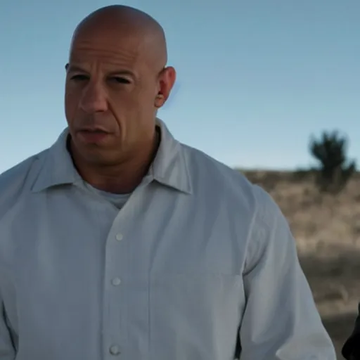 Image similar to film still of vin diesel as walter white selling meth in Breaking Bad