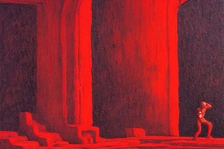 Image similar to only with red, a red melted emperor, taormina amphitheatre, crowd hails him happy, in the style of beksinski, parts by edward hopper, parts by rodcenko, parts by yue minjun, intricate and epic composition, red by caravaggio, insanely quality, highly detailed, masterpiece, red light, artstation, 4 k