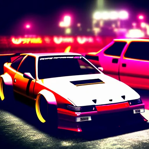 Image similar to a car 300ZX twin turbo drift at illegal car meet, Shibuya prefecture, city midnight mist lights, cinematic lighting, photorealistic, highly detailed wheels, high detail