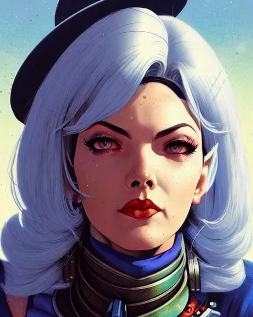 Image similar to ashe from overwatch, white hair, space cowgirl, character portrait, portrait, close up, concept art, intricate details, highly detailed, vintage sci - fi poster, retro future, in the style of chris foss, rodger dean, moebius, michael whelan, and gustave dore