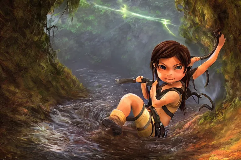 Image similar to wide shot of exhausted Chibi Lara Croft climbing out of a roaring ancient river, fireflies by Lilia Alvarado