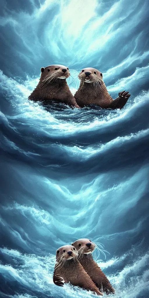 Prompt: An adorable Otter saving his wife from the whirlpool, in love holding hands side by side, in the middle of a super scary storm at sea, thunder, lightning, waves, fantasy illustration, cinematic, award winning, romantic, detailed trending on artstation, masterpiece