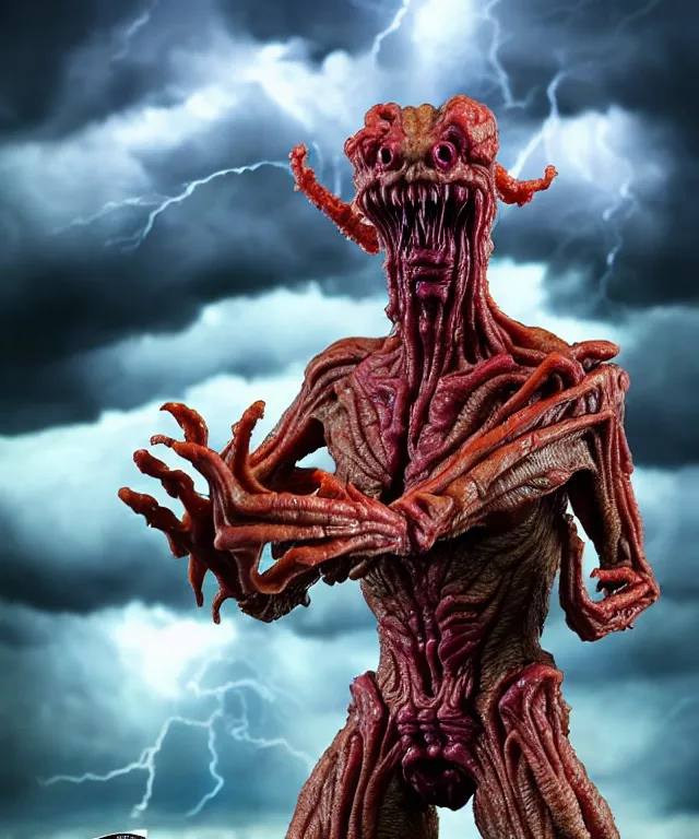 Image similar to hyperrealistic rendering, epic boss battle, cronenberg flesh monster overlord, by art of skinner and richard corben, product photography, collectible action figure, sofubi, hottoys, storm clouds, outside, lightning