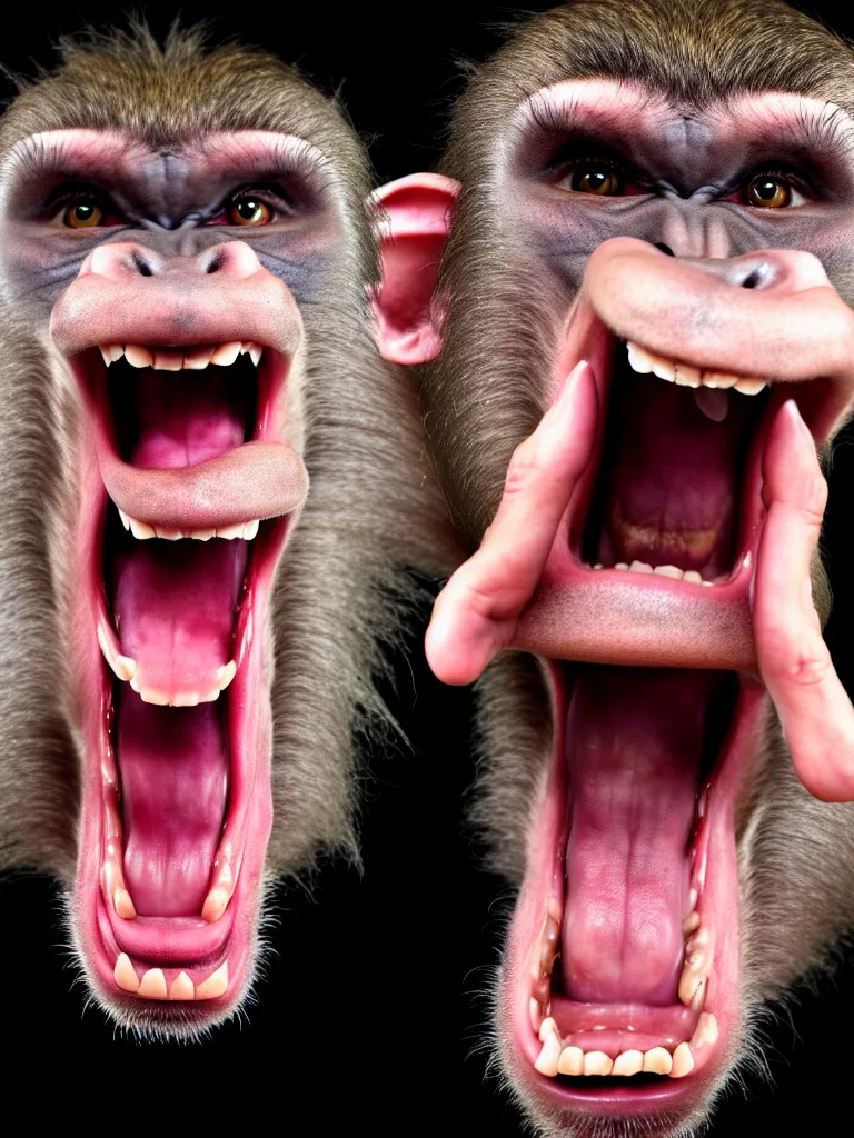 Image similar to a formal portrait photograph of a screaming man transforming into a hairless baboon