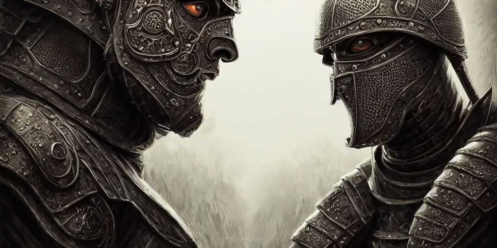 Image similar to portrait of a symmetric detailed man in realistic detailed medieval armor facing off against a monster, ultra realistic, epic, highly detailed, hd, sharp focus, cinematic lighting, realistic, vivid colors, gritty, matt painting, digital art, non blurry, sharp, artstation, concept art, smooth, illustration