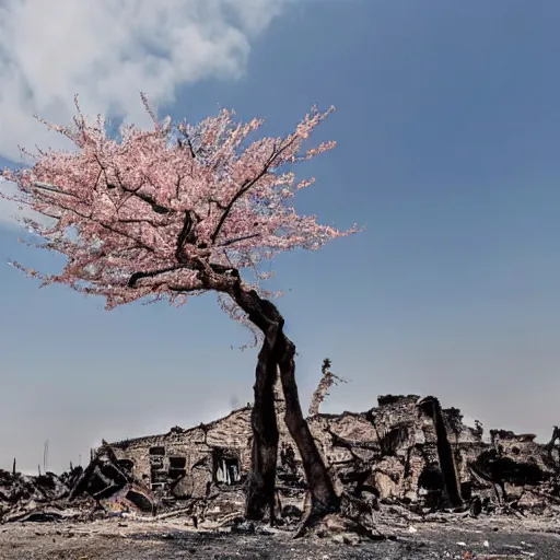 Image similar to a sakura tree in the desolation of the burning ruins around it