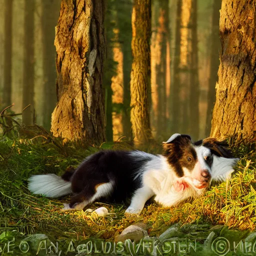 Image similar to a border collie protecting a fledgling in a nest in a forest, beautiful, golden hour, impressionist