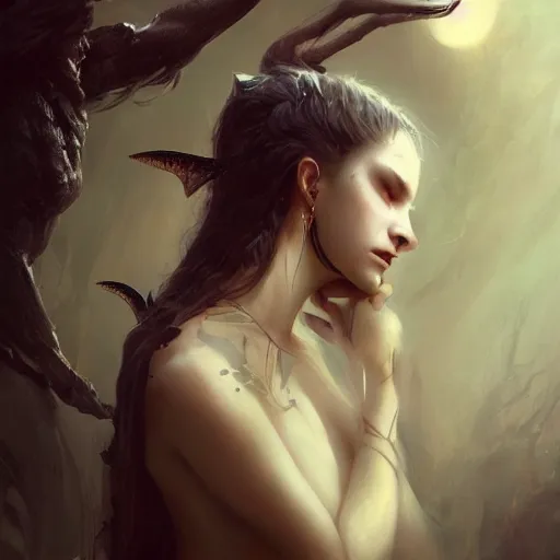 Image similar to a beautiful portrait of a succubus goddess with bats in the background and closed eyes by greg rutkowski and raymond swanland, trending on artstation, ultra realistic digital art