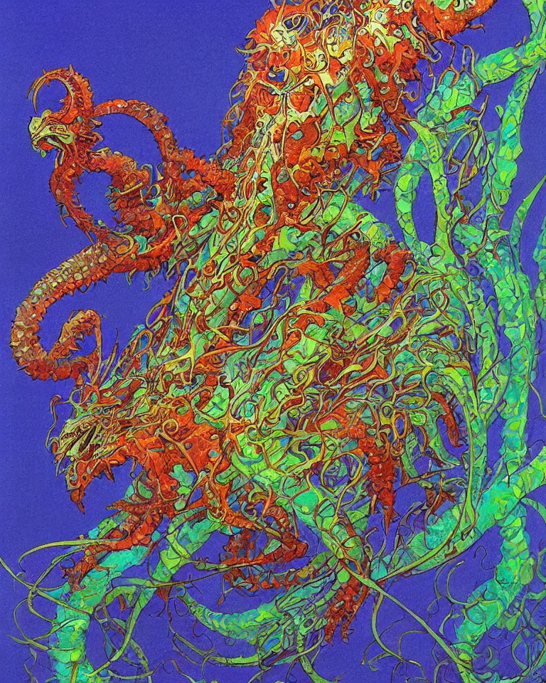 Prompt: concept art portrait of an intricately designed alien leafy sea dragon, an award winning yoshitaka amano poster. a masterpiece by james gurney. vivid color.