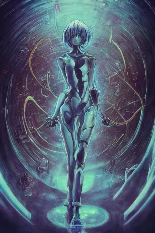 Image similar to female anime character rei ayanami cyborg in the center giygas epcotinside a space station eye of providence beksinski finnian vivid hr giger to eye hellscape mind character environmental