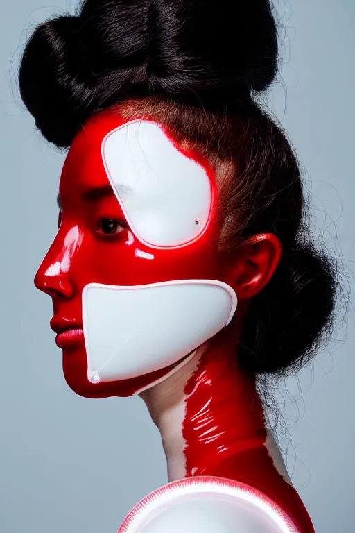 Image similar to symmetrical portrait of a woman wearing a red embroidered translucent silicone mask and black frizzy hair buns, wearing a white bodysuit, white background, soft diffused light, biotechnology, futuristic aesthetic, translucent, ethereal, intricate details, highly detailed, masterpiece,