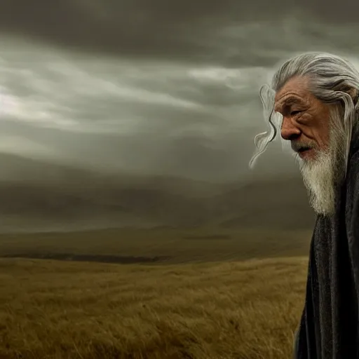 Prompt: landscape photo of ian mckellen as gandalf in a dark hood walking with haste through grasslands, arial shot, highly detailed, cinematic shot, cinematic lighting, 8 k, exquisit facial detail, magical realism painting, chiaroscuro, dark painting.