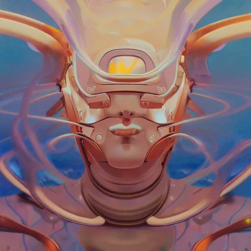Image similar to scifi futurism automaton minimalism chrome by peter mohrbacher art Hajime Sorayama airbrush hyperrealism model abstract shatter fragments cubism futurism pastel blue soft flat minimal minimalism portrait face jackson pollock ukiyo-e lithograph mark ruthko swirl escape noise shimmer glow paint