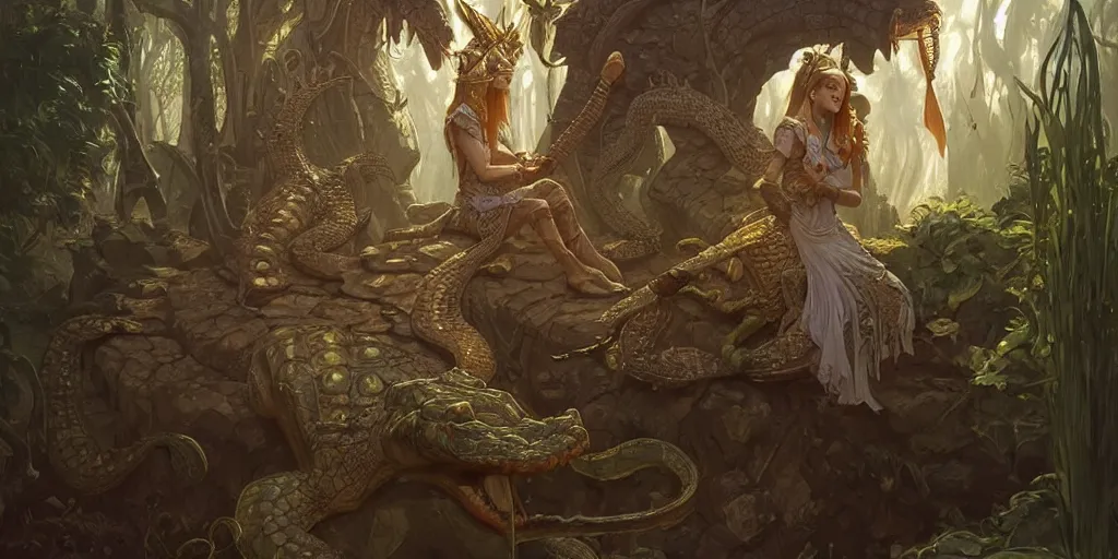 Image similar to crocodile lair priestess ceremony, deep focus, d & d, fantasy, intricate, elegant, highly detailed, digital painting, artstation, concept art, matte, sharp focus, illustration, hearthstone, art by artgerm and greg rutkowski and alphonse mucha