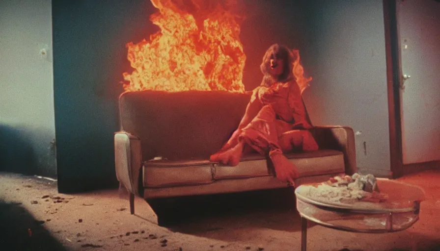 Prompt: 7 0 s film still from a horror movie about a person sitting on a burning couch, kodachrome, cinecolor, cinestill, film grain, film texture, retro, cinematic, high resolution, photorealism,