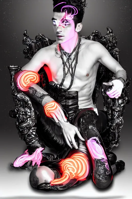 Image similar to full-body rococo and cyberpunk style neon statue of a muscular attractive Zayn Malik macho dotado e rico android sim roupa reclining con las piernas abertas e la piroca dura, glowing white lasers, glowing eyes, silver prince crown, black gears, pink diamonds, swirling orange-colored silk fabric. futuristic elements. ethereal white dripping tar. full-length view. human skulls. large pink balloon animals. intricate artwork by caravaggio. Trending on artstation, octane render, cinematic lighting from the right, hyper realism, octane render, 8k, depth of field, 3D