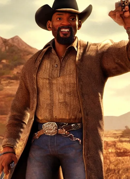 Image similar to an film still of will smith as cowboy with beard, western background, unreal engine. amazing likeness. very detailed.