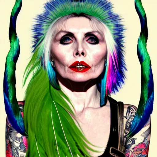 Image similar to portrait of debbie harry as a punk woman with green mohawk, neotraditional tattoos, fishnets, long tartan skirt as phoenix queen, feathers, wings, rainbow clothes,, sci - fi, intricate and very very beautiful and elegant, highly detailed, digital painting, artstation, smooth and sharp focus, illustration, art by tian zi and wlop and alphonse mucha