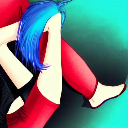 Image similar to an androgynous person with red and blue gradient hair, floating in a black void, relaxed with their legs crossed. digital art, trending on art station, award winning