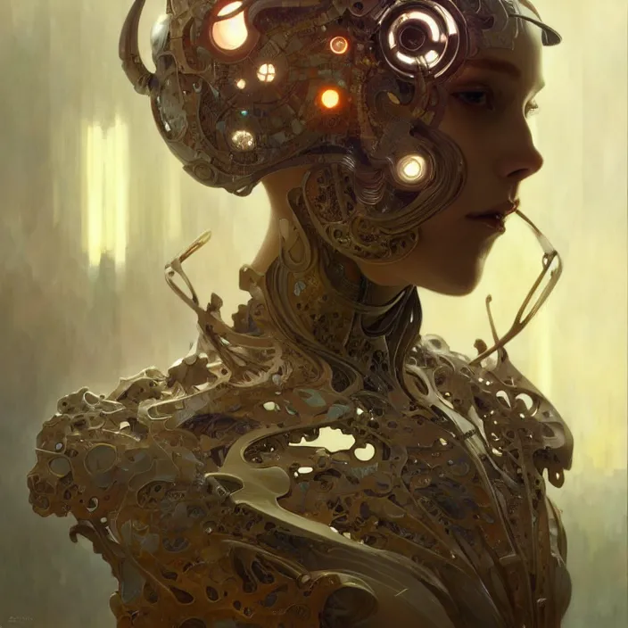 Image similar to organic cyborg, diffuse lighting, fantasy, intricate, elegant, highly detailed, lifelike, photorealistic, digital painting, artstation, illustration, concept art, smooth, sharp focus, art by John Collier and Albert Aublet and Krenz Cushart and Artem Demura and Alphonse Mucha