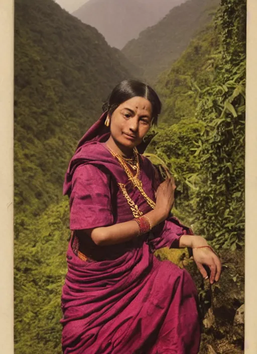 Prompt: vintage_portrait_photo_of_a_beautiful_beautifully_lit_nepalese_Victorian_woman_in_a_lush_valley_with_a_tibetan_monastery_on_a_rock_in_the_background