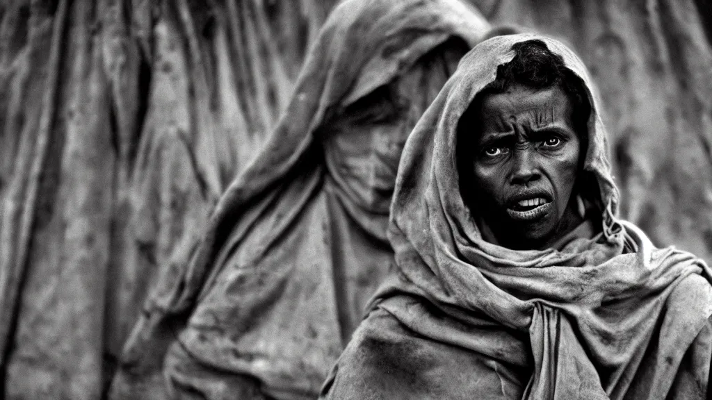 Image similar to 1984 Ethiopian biblical famine and drought, moody, dark, portrait, movie scene, hd, 4k, wide shot