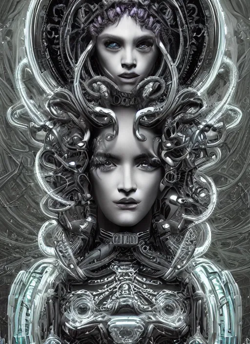 Image similar to ultradetailed ornate cyberpunk RPG character sci-fi illustration of a beautiful symmetric Medusa radiating a majestic glowing aura, intricate smooth digital painting, sharp focus, deep neon-noir tones, 3d rim light, artstation, concept art, hyperrealistic, photorealistic, Kodakchrome