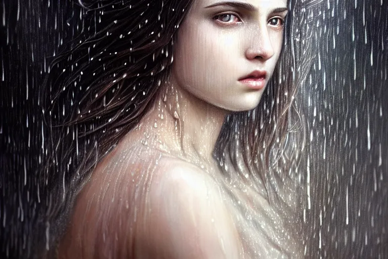 Image similar to highly detailed portrait of a beautiful girl running in rain with wet dark hair and pale face, fantasy, intricate, elegant, dramatic lighting, emotionally evoking symbolic metaphor, highly detailed, lifelike, photorealistic, digital painting, artstation, concept art, smooth, sharp focus, illustration, art by John Collier and Albert Aublet and Krenz Cushart and Artem Demura and Alphonse Mucha