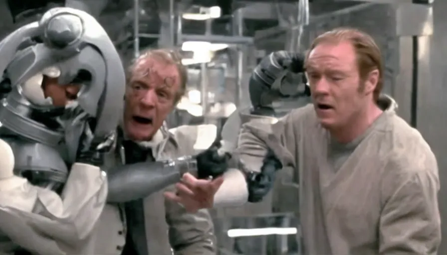 Image similar to Screenshot from a Ridley Scott film, it shows an android in a weapons lab strangling the scientist who created him.