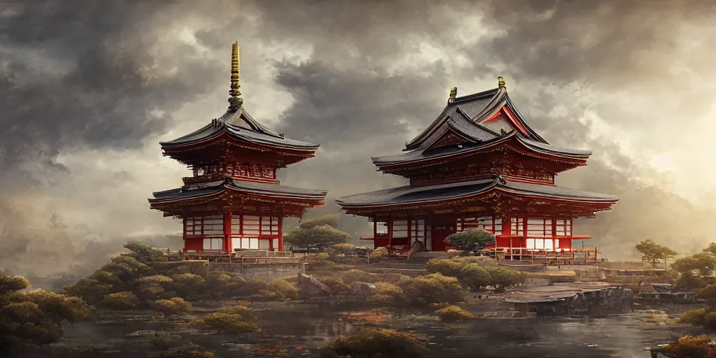 Prompt: a japanese buddhist temple. a fantasy digital painting by romain jouandeau, greg rutkowski, richard schmid, misty clouds, atmospheric lighting, photorealistic, dynamic lighting, highly detailed, cinematic landscape, architectural concept, full building, dynamic angle, line art, golden rays,