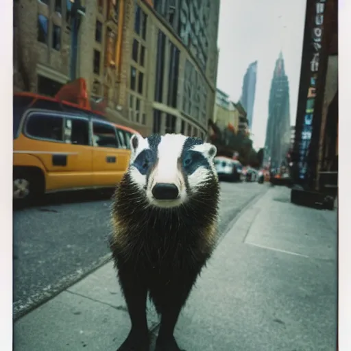 Prompt: 90s retro polaroid photo of a handsome old badger wearing a leather jacket on a gloomy day in the city, image artifacts