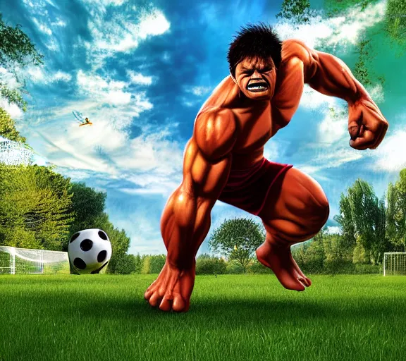 Image similar to hulk playing soccer in the park, ultra realistic, hdr, 8 k, award winning, by joe jusko