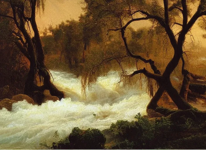 Image similar to oil painting of a willow tree next to a raging river by albert bierstadt, beautiful lighting