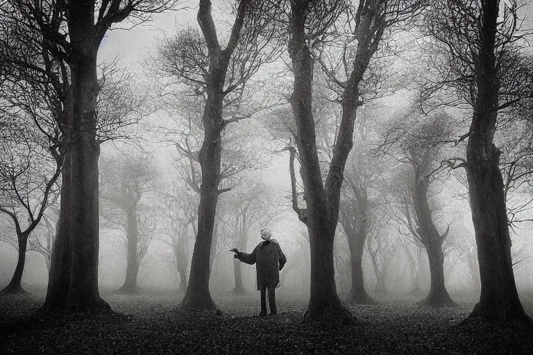 Prompt: “Photo by Robert ParkeHarrison. Old man in a surreal dying garden of flying trees. The sky is torn and light shines through it.”