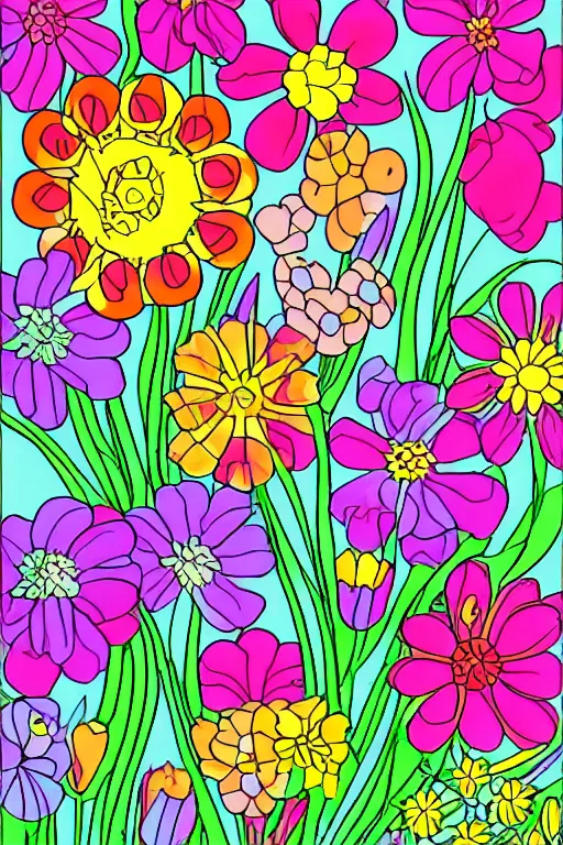 Image similar to spring flowers, happy and beautiful, in the style of coloring book