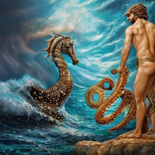 Image similar to poseidon on seahorses, tarot card, ornate, ultradetailed, digital art, irina french, heraldo ortega, mandy jurgens, golden ratio, art canvas, award winning, masterpiece trending on artstation 8 k 1 5 0 mpx