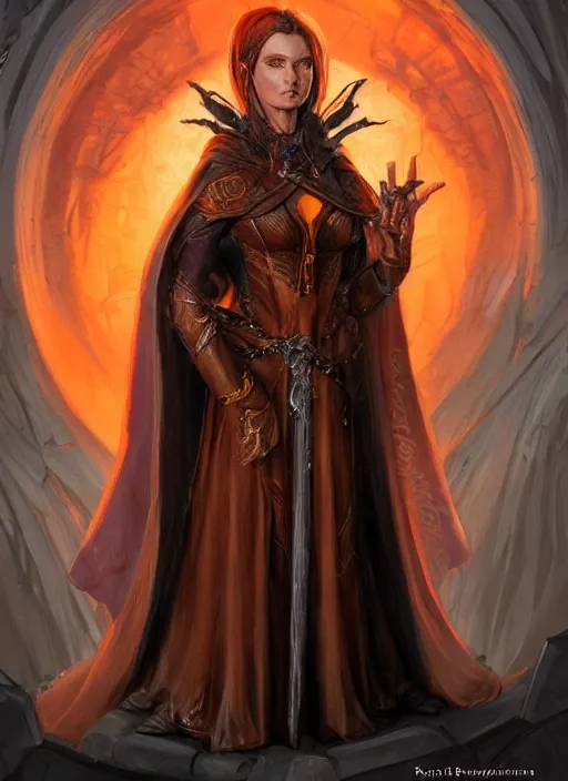 Image similar to dark orange cloak female priest, ultra detailed fantasy, dndbeyond, bright, colourful, realistic, dnd character portrait, full body, pathfinder, pinterest, art by ralph horsley, dnd, rpg, lotr game design fanart by concept art, behance hd, artstation, deviantart, hdr render in unreal engine 5