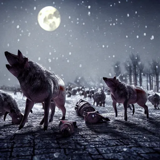 Image similar to the slaughtering of 1 0 0 0 pigs by horrible viking men dressed in wolves clothing. in wintertime. in the moonlight. hyper realistic 8 k render.