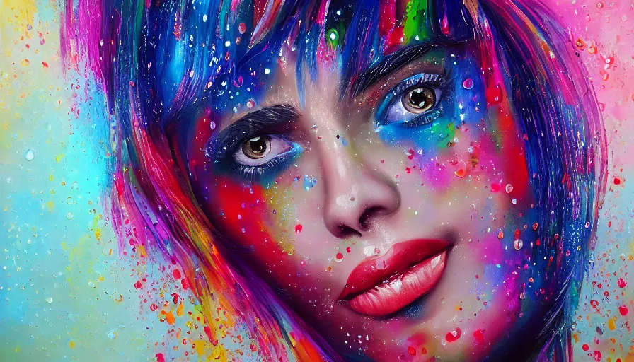 Image similar to sweet dreams, front female face, painting on canvas, watedrops, water droplets, acrylic painting, acrylic pouring, painting, influencer, artstation - h 8 0 0