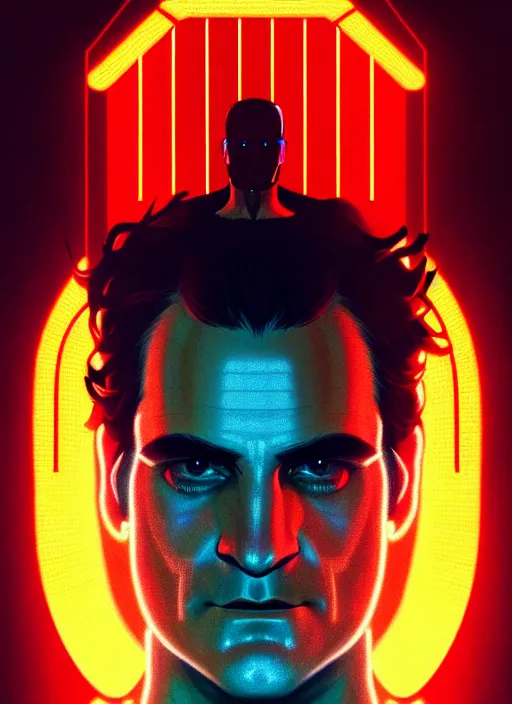 Image similar to symmetry!! portrait of joaquin phoenix, sci - fi -, cyberpunk, blade runner, glowing lights, biotech, techwear!! intricate, elegant, highly detailed, digital painting, artstation, concept art, smooth, sharp focus, illustration, art by artgerm and greg rutkowski and alphonse mucha