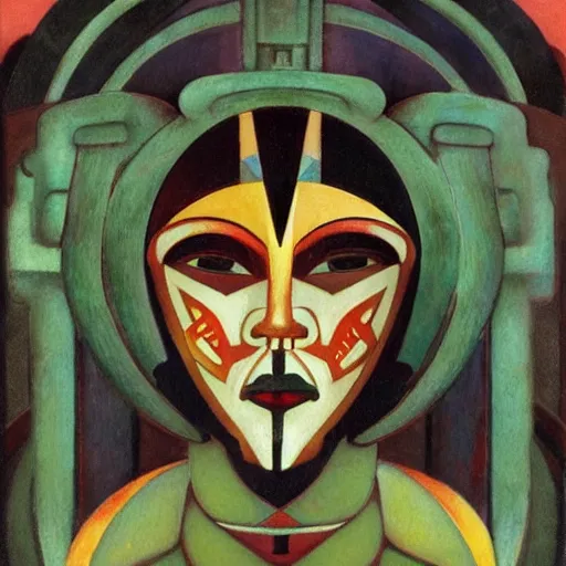 Prompt: head of a beautiful boy wearing a mask made of metal flowers, by diego rivera and john watkiss, art deco shaman, stylized geometric flowers, art brut, symbolist, dramatic lighting, god rays, iridescent beetles, clean crisp graphics, smooth sharp focus, extremely detailed, adolf wolfli