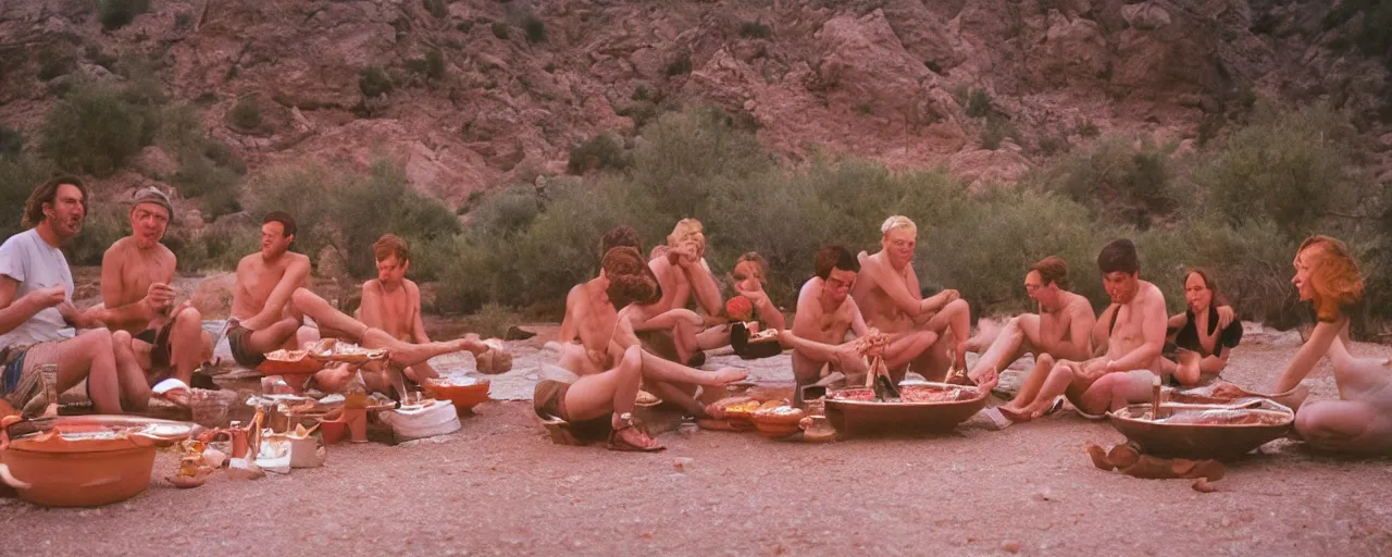 Image similar to group at a natural hot springs eating spaghetti, desert, sunset, kodachrome, in the style of wes anderson