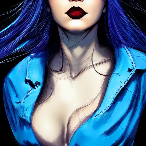 Prompt: a stunning upper body portrait of a beautiful woman with raven blue hair blowing in the wind by marvel comics, digital art, trending on artstation