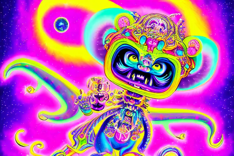 Image similar to lisa frank illustration of rebulon the cute ancient demon, by lisa frank, masterpiece concept art, 8 k, intricate detail, cinematic lighting, epic pose, bright colors