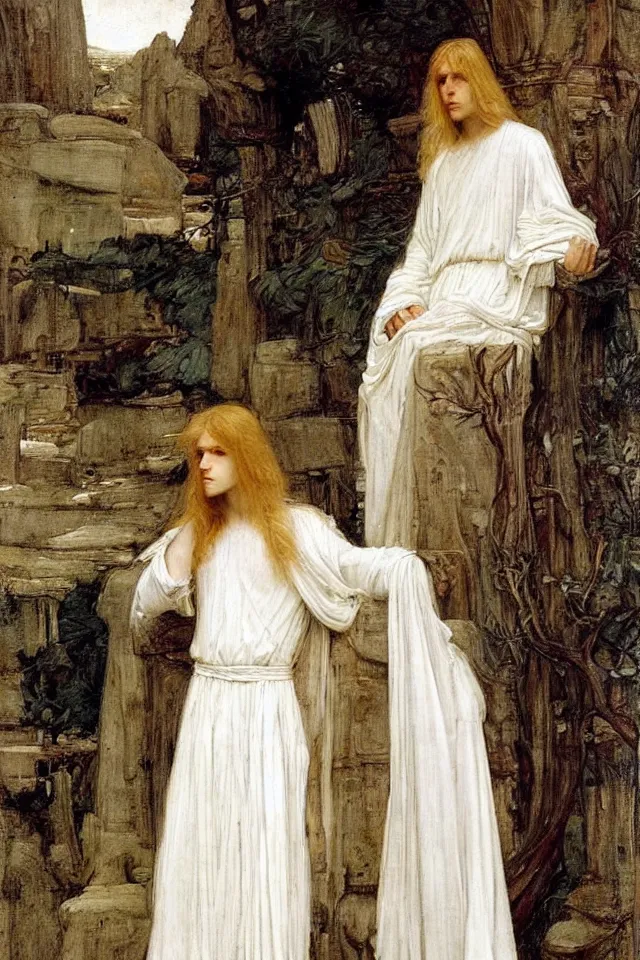 Prompt: beautiful blond androgynous prince Lucius in white robes by john william waterhouse, preraphaelite style, long fluffy blond curly hair, pale porcelain white skin, detailed, defined, chiaroscuro