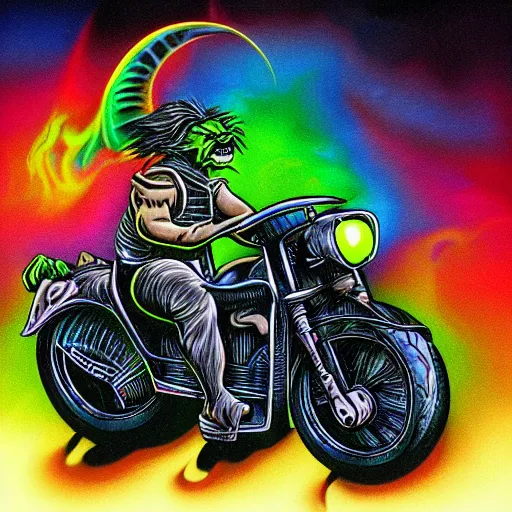 Image similar to psychedelic airbrush art of an orc riding a motorcycle, black background, stylized, radical 90s, soft edges, smooth gradients, airbrushed, grainy