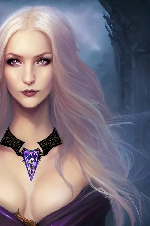 Image similar to portrait of a gorgeous female sorceress, looking at camera, D&D, choker on neck, stylish dark dress, arcane symbols, very long flowing blond hair, intricate, elegant, stylish, cute slightly nerdy smile, mouth slightly open, fantasy, extremely detailed, digital painting, artstation, concept art, smooth, sharp focus, illustration, stunning lighting, art by artgerm and greg rutkowski and alphonse mucha and simon stalenhag